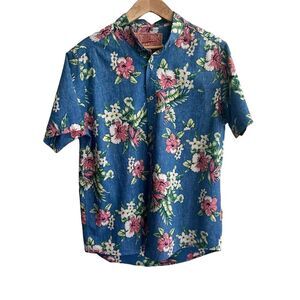 Brooklyn Cloth S/S Men's Shirt Tropical Blue w Flowers Hawaiian sz. Large 🌺 EUC